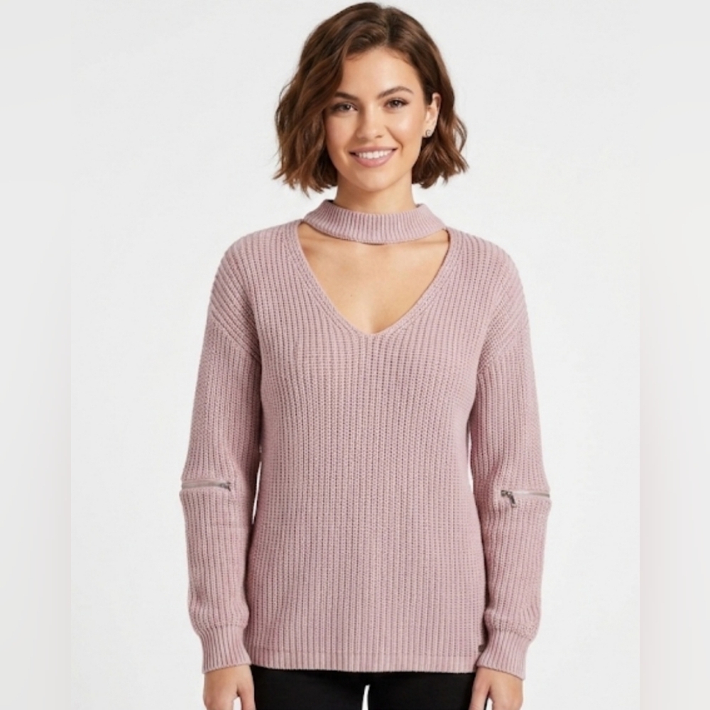 Guess Pink Knit Cutout Choker V-Neck Sweater in size:S